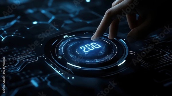 Fototapeta Finger touching a futuristic glowing interface with a circular display showing digits