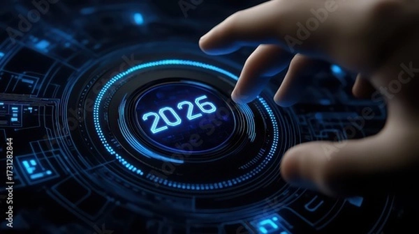 Fototapeta A finger pressing a glowing button with the year two thousand twenty six displayed on it in bright blue