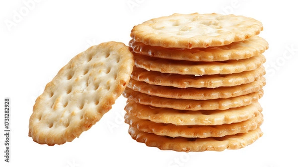 Obraz A stack of golden-brown crackers with a single cracker leaning against the pile, showcasing their crisp texture and round shape.