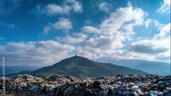 Fototapeta A striking landscape of a trash dump under a cloudy sky, showcasing the contrast between nature and pollution.