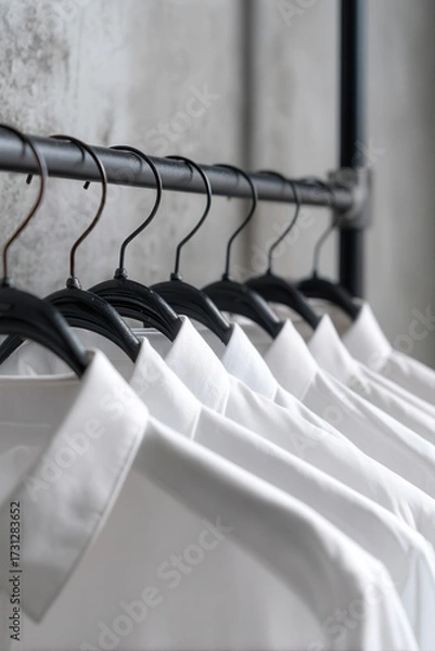 Fototapeta A row of neatly hung white shirts on black hangers against a textured gray wall, showcasing a minimalist and organized aesthetic.