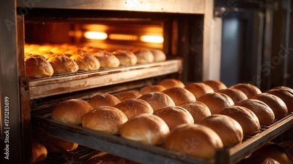 Fototapeta Warm, golden-brown bread rolls are baking in an industrial oven, showcasing the art of baking and the delicious texture of freshly made bread.