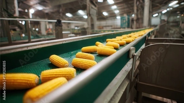 Fototapeta A conveyor belt filled with bright yellow corn cobs in a processing facility, showcasing the agricultural industry at work.