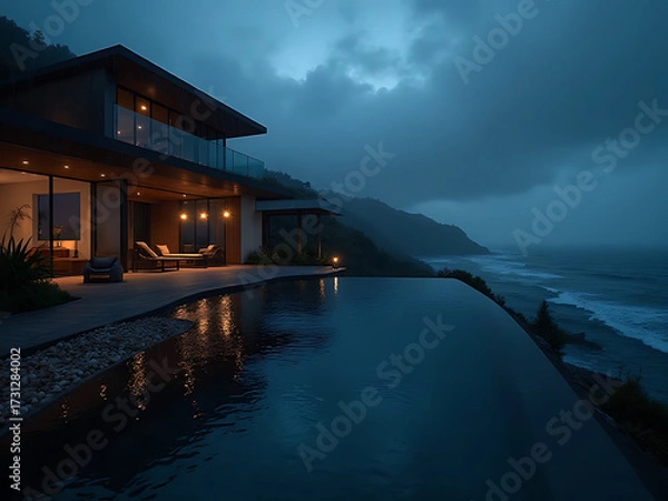 Fototapeta Luxury coastal villa with infinity pool overlooking ocean at dusk, serene atmosphere, perfect for travel and leisure, modern architecture
