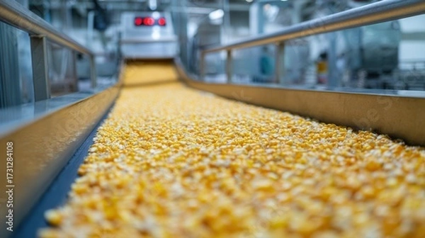 Fototapeta A conveyor belt transports bright yellow corn kernels through a food processing facility, highlighting industrial efficiency and agricultural production.