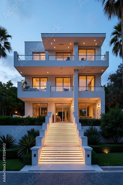 Fototapeta Luxurious modern home with illuminated staircase at dusk, perfect for real estate, architecture, and luxury lifestyle concepts