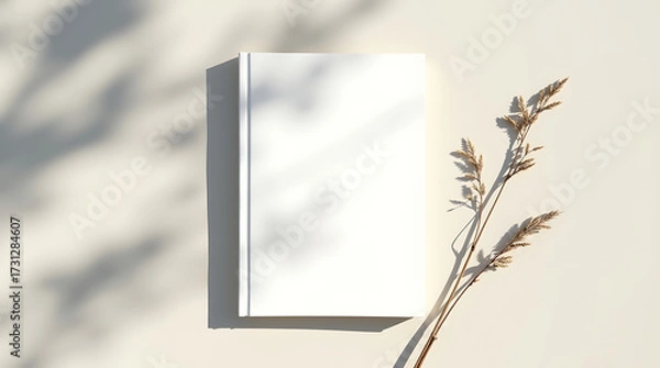 Fototapeta Blank white book cover mockup bathed in soft dappled sunlight, perfect for your custom design, branding, or artistic presentation.