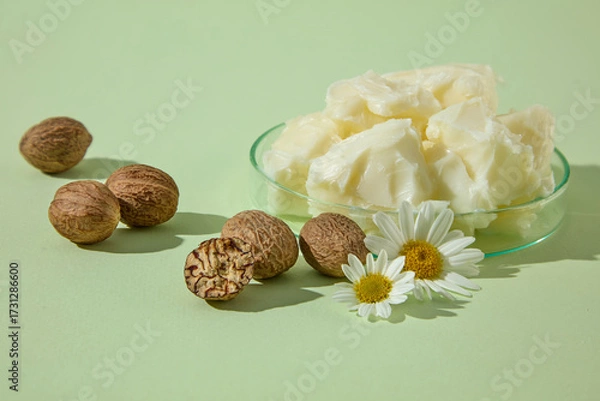 Fototapeta Still life on green background with raw shea butter, shea nuts, and chamomile blossoms. Minimal organic theme for wellness and cosmetic branding.