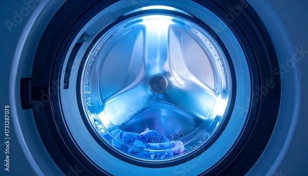 Fototapeta Close-up view of a washing machine tumbling and spinning clothes inside, illuminated by bright LED lights, showing dynamic motion and modern appliance details in a cinematic style
