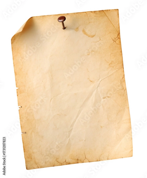 Fototapeta Vintage blank parchment paper with thumbtack for notes or invitations backdrop isolated on white