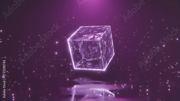 Fototapeta Futuristic Floating Cube With Glowing Particles is ideal for science fiction book covers, fantasy artwork, or meditation visuals.