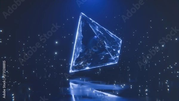 Fototapeta Futuristic Floating Triangle With Glowing Particles is ideal for science fiction book covers, fantasy artwork, or meditation visuals.