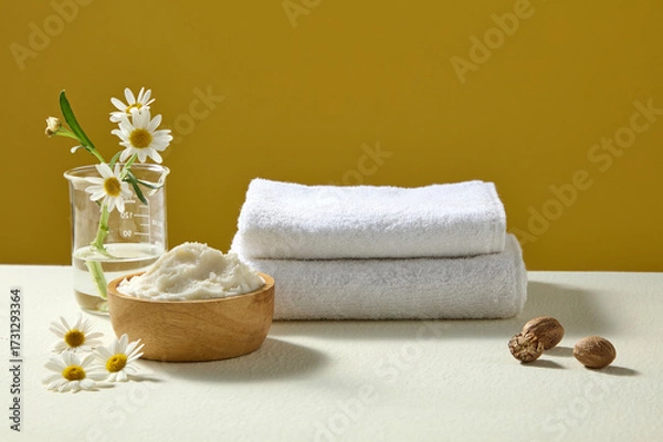 Fototapeta Glass jar with fresh chamomile, towel and bowl of shea butter on bright yellow backdrop, styled as spa-inspired organic cosmetic scene.