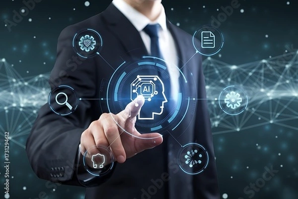 Fototapeta AI agent and generative artificial intelligence. Robotic processes automation and data analysis. Businessman touching head and AI icon on application network system.