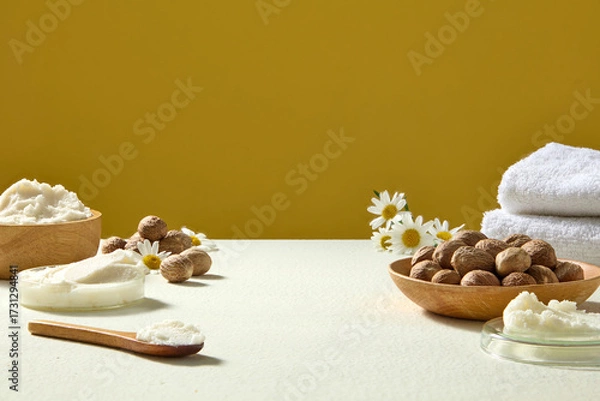 Fototapeta Flat composition of shea butter, nuts, chamomile flowers and towels on table, spa-inspired shot against yellow background for wellness brands.