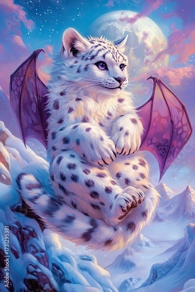 Fototapeta Enchanted Snow Leopard with Wings in a Magical Scene