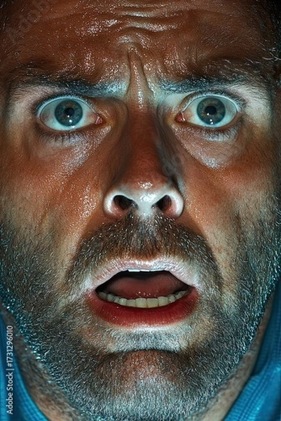 Fototapeta Shocked man portrait with intense facial expression, surprised man close-up with fear emotion, shocked man portrait with intense facial expression in dramatic light, Horror and thriller poster design 