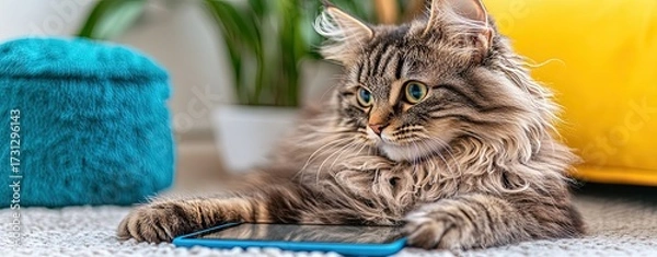 Fototapeta Playful Kitten Enjoys Tablet in Cozy Bathroom Setting, Playful Maine Coon Kitten Exploring New Gadgets: Adorable Maine Coon Kitten Discovering a Smart Home Device or Candle