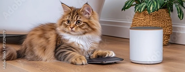 Fototapeta Playful Maine Coon Kitten Exploring New Gadgets: Adorable Maine Coon Kitten Discovering a Smart Home Device or Candle, Playful Kitten Discovering New Tablet in Cozy Bathroom