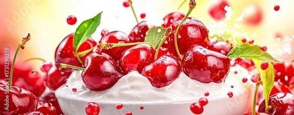 Fototapeta Cherries Splashing into Creamy Yogurt Delight