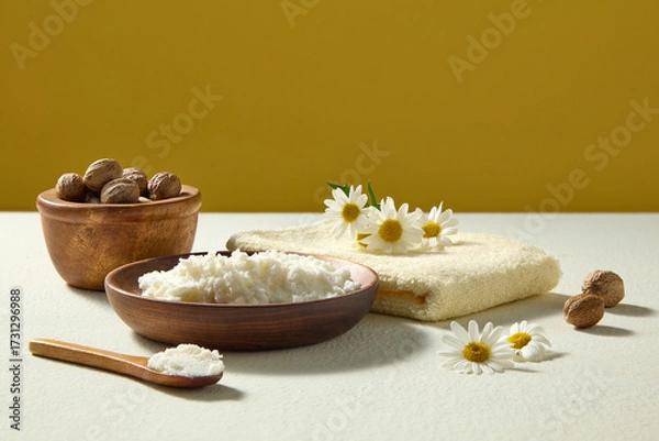 Fototapeta Arrangement of shea butter in bowl, nuts, chamomile and white towels on neutral background, styled for natural skincare and body care use.
