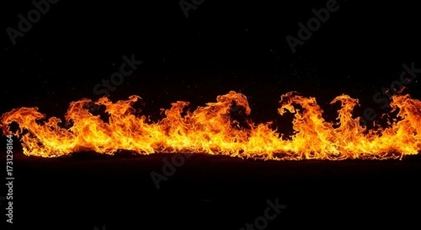 Fototapeta Fiery flames displayed horizontally against black background