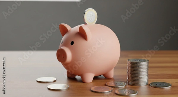 Fototapeta Saving money for financial security with a pink piggy bank and stacked coins