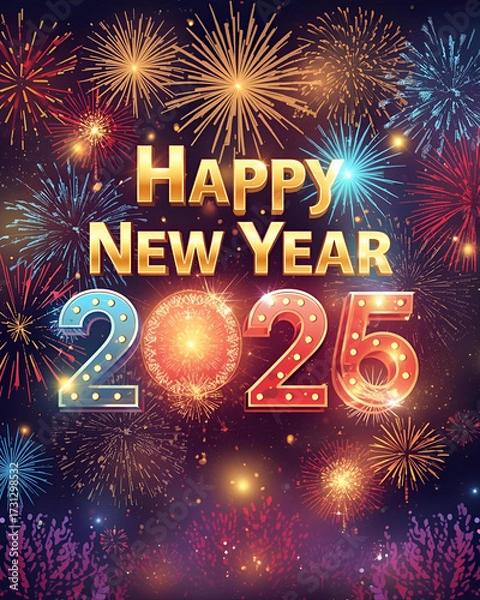 Fototapeta happy new year 2025, new year fireworks, new year celebration, new year greeting, new year background, new year party, fireworks display, festive fireworks, new year countdown,