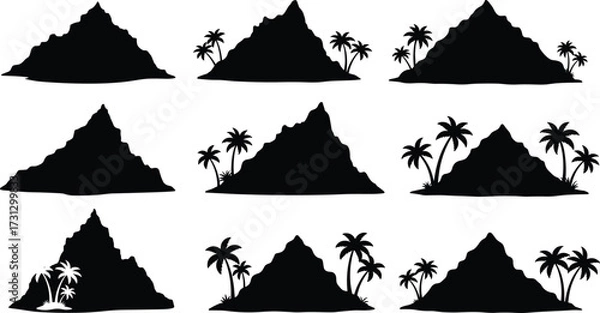 Fototapeta Tropical mountain silhouettes with palm trees, island nature vector set, black jagged peaks, exotic landscape design elements, paradise illustration pack