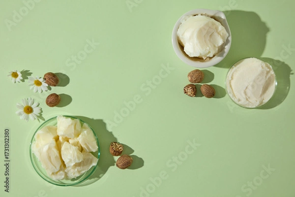 Fototapeta Flat lay with creamy shea butter, raw nuts and chamomile flowers on pastel green background, styled for cosmetic and spa promotional design.