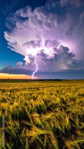 Fototapeta Dramatic lightning storm over wheat field