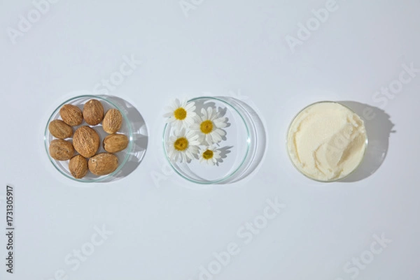 Fototapeta Flat lay composition with shea butter, nuts and chamomile in petri dish on white surface, styled for skincare and cosmetic product concepts.