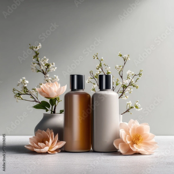 Fototapeta Minimalist beauty product bottles with soft pastel flowers and delicate branches create calm, elegant spa atmosphere