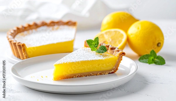 Fototapeta A lemon tart slice with powdered sugar served on a white plate, photographed in bright minimalist spring style