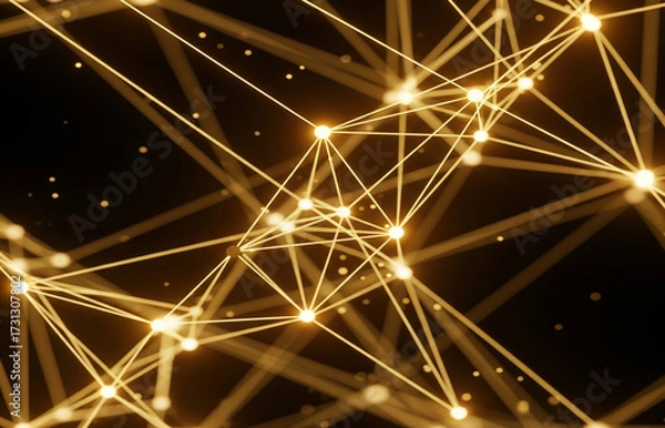 Fototapeta Glowing golden light network connecting digital abstract points. Connections Technology Background.
