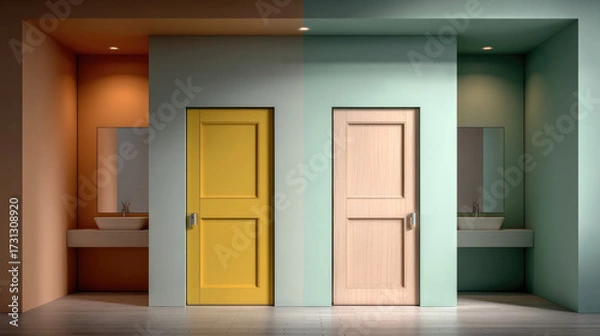 Fototapeta Yellow door beige door modern bathroom pastel wall mirror sink minimal design symmetry clean contemporary style