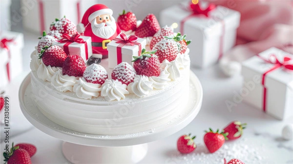 Fototapeta サンタクロースのメレンゲドールとプレゼントを飾ったったいちごのクリスマスケーキ