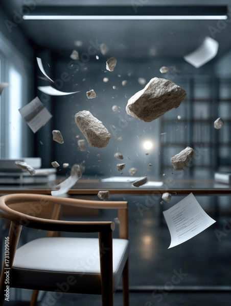 Fototapeta Small stone shards and scattered paper float in modern office, creating surreal and chaotic atmosphere
