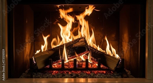 Fototapeta Fireplace with burning flames and logs creating warmth and ambiance