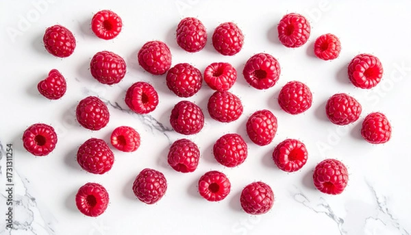 Fototapeta Fresh raspberries scattered on a white marble surface, photographed in bright minimalist spring food style