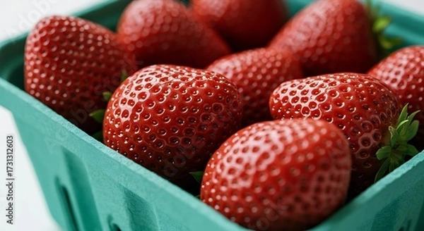 Fototapeta Fresh red strawberries in a green basket close up shot copy space