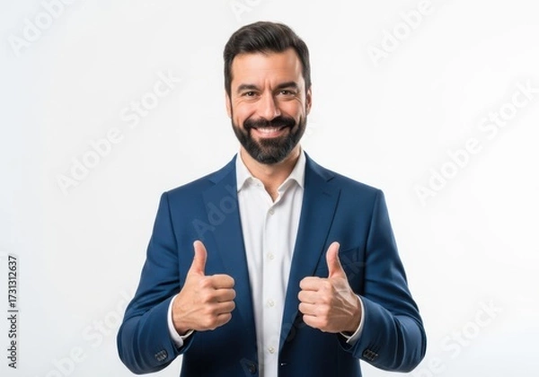 Obraz Smiling businessman with beard giving two thumbs up gesture isolated on white background