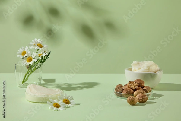 Fototapeta Vase of chamomile flowers with shea butter blocks and shea nuts on clean pale green surface. A calm and minimal style for cosmetic visuals. Empty space to place your product