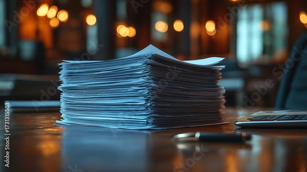 Fototapeta A stack of papers, pen, and laptop with a team meeting of lawyers reviewing contracts