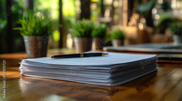 Fototapeta A stack of papers, pen, and laptop with a team meeting of lawyers reviewing contracts