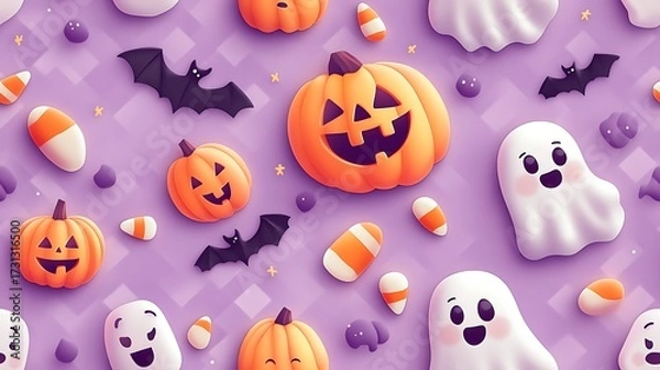 Fototapeta A repeating pattern of mini ghost figures, smiling pumpkins, flapping bats, and candy corn icons, organized in a soft checkered layout over a dusty violet background. Soft shadows, cute styling.