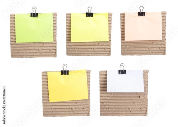 Fototapeta Set collection or collage of paper notes clipped on corrugated cardboard isolated on transparent background
