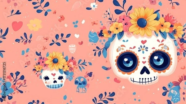 Fototapeta A seamless cute pattern of pastel sugar skulls with big eyes, marigold crowns, and heart-shaped noses, surrounded by floral garlands and festive patterns, arranged on a soft pink background.
