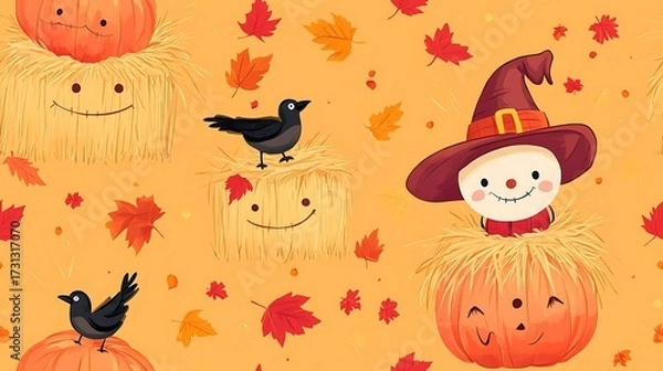 Fototapeta A seamless vector pattern featuring cute scarecrows with button eyes and stitched smiles, round pumpkins, hay bales, and small crows perched on top,