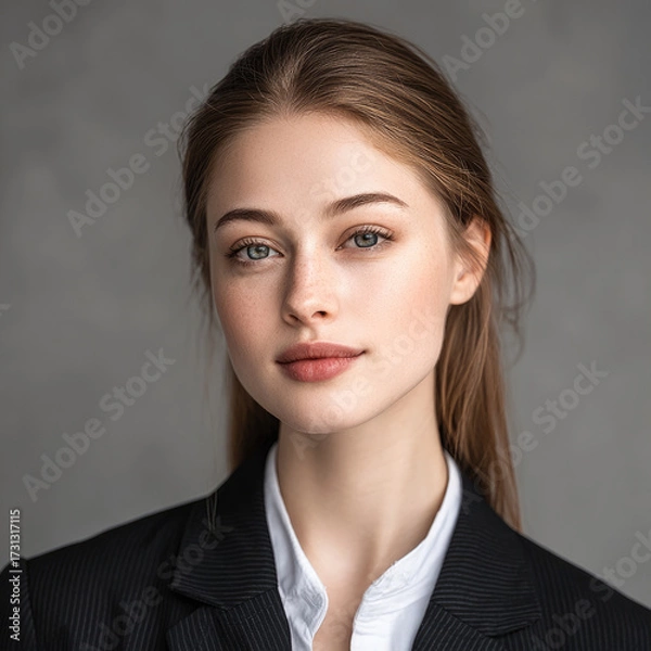 Fototapeta Confident businesswoman portrait, young woman, professional attire, natural makeup, straight hair, neutral background, calm expression